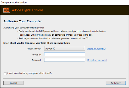 Screenshot: Adobe Digitial Editions authentication