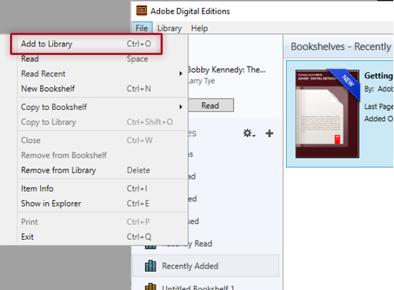 Capture d'écran : ajouter à la bibliothèque dans Adobe Digitial Editions Capture d'écran : ajouter à la bibliothèque dans Adobe Digitial Editions