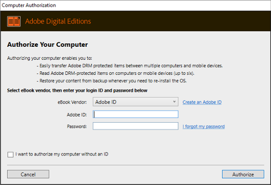 Schermafbeelding: Adobe Digital Editions-authenticatie Schermafbeelding: Adobe Digital Editions-authenticatie